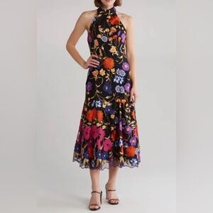 Milly Black Floral Midi Halter Dress